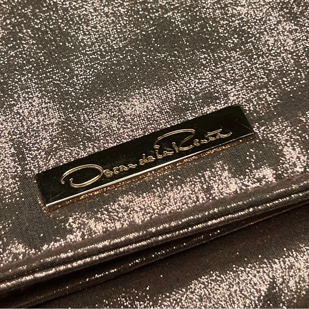 Oscar de la Renta Clutch Foldover Zipper Cocktail Purse Luxe Metallic Rose Gold